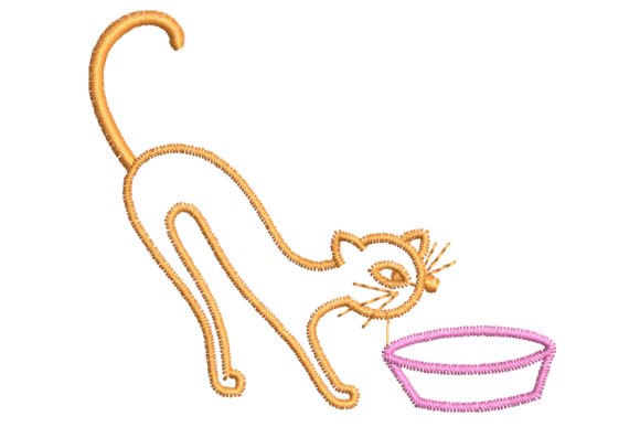 Cute Cat Drinking from Bowl Embroidery