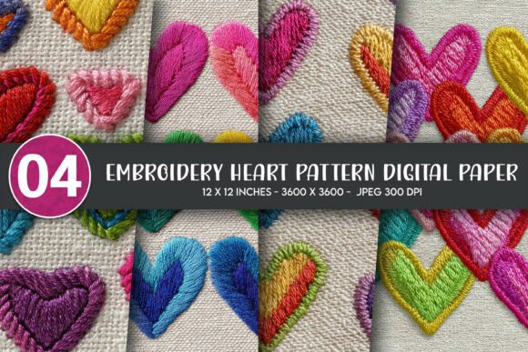 Embroidery Heart Pattern Digital Paper