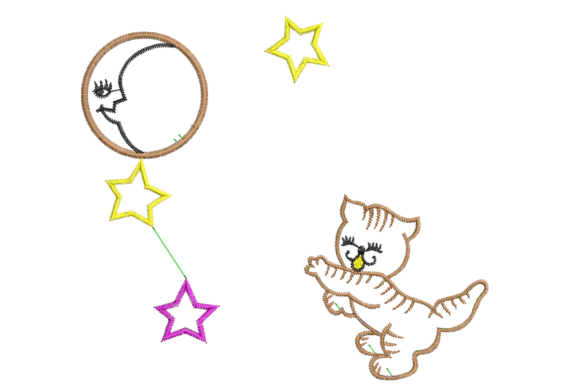 Moon, Stars and Cute Cat Embroidery