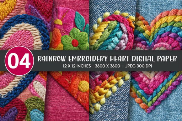 Rainbow Embroidery Heart Digital Paper
