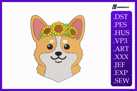 Sunflower Corgi Machine Embroidery Design