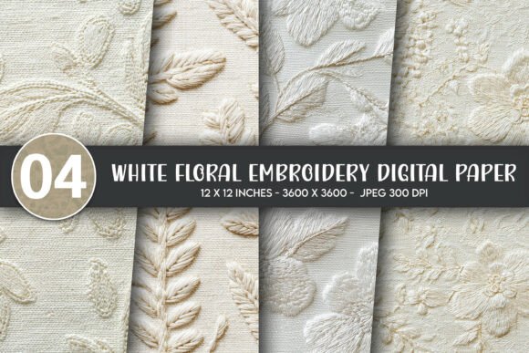 White Floral Embroidery Digital Paper